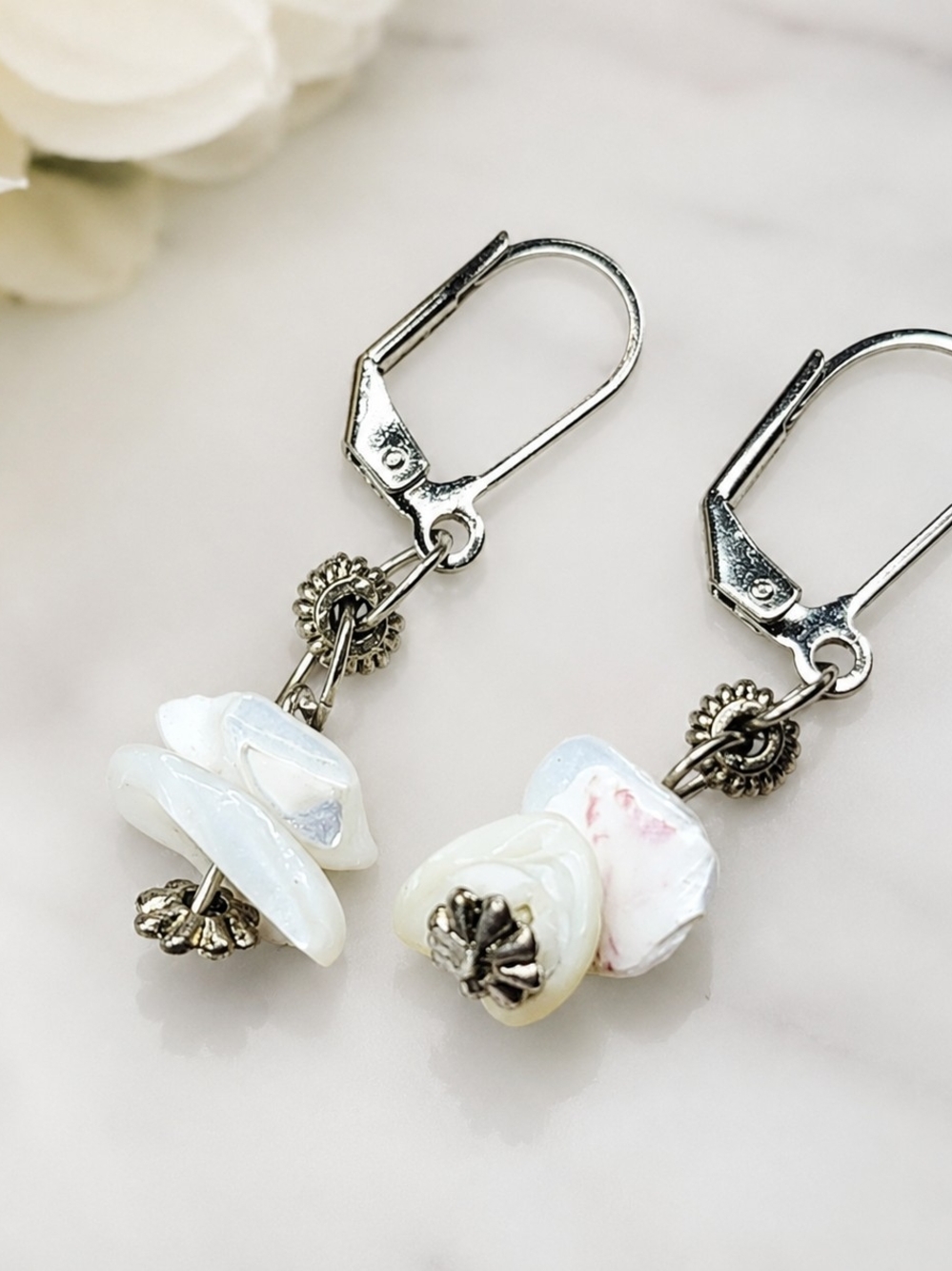 Handmade Mother of Pearl Shell Dangle Earrings Boho Coastal Artisan White Shell